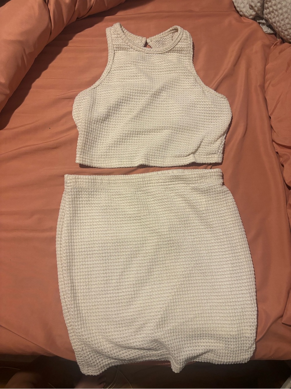 Cream Two-Piece Knit Skirt Set - Sleeveless Crop Top & Mini Skirt